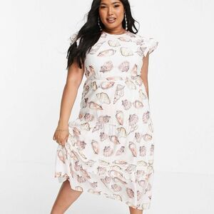 Never Fully Dressed Tiered Smocked Seashell Print Beach Pink White Midi Dress 10